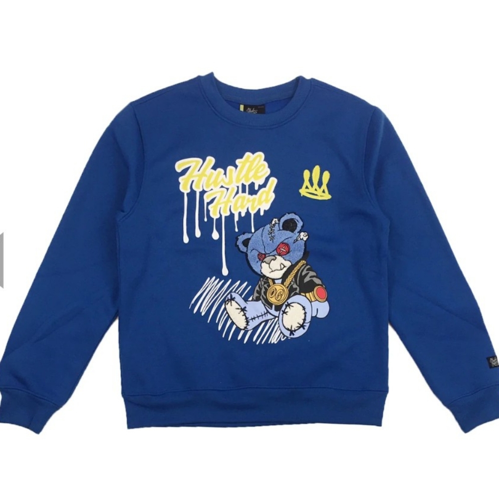 BLEECKER & MERCER HUSTLE HARD BEAR CHENILLE PATCH CREWNECK (ROYAL)